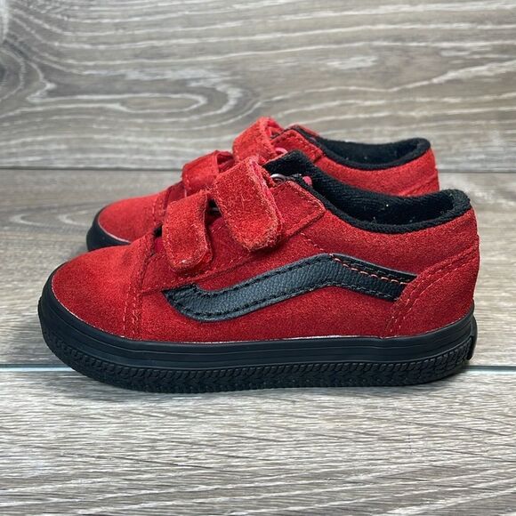 Vans Old Skool Red Suede Toddler Boy Sz 6 Low Top Hook & Loop Closure Sneakers - Picture 3 of 10